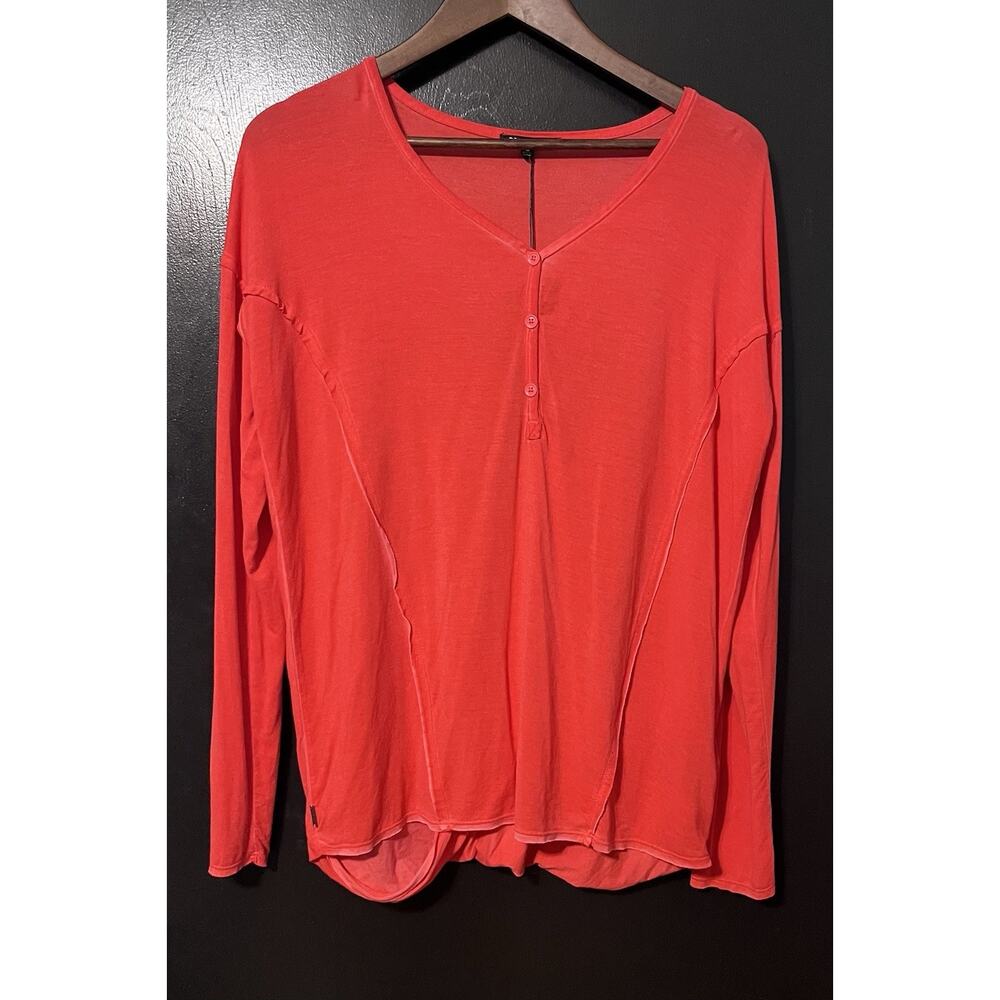 Dear John Aubrey Open Back L/S Henley Raw Hem Med Coral NWT